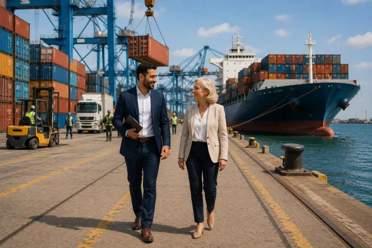 Business people in harbour